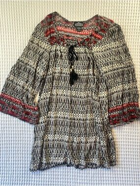 Angie Boho Peasant Tunic Top Size Large Black Cream Red Tassel